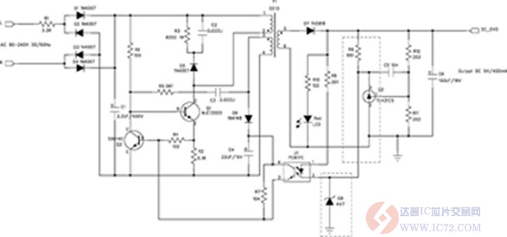 RCC 5V/400mA 开关电源电路图www.ic72.com